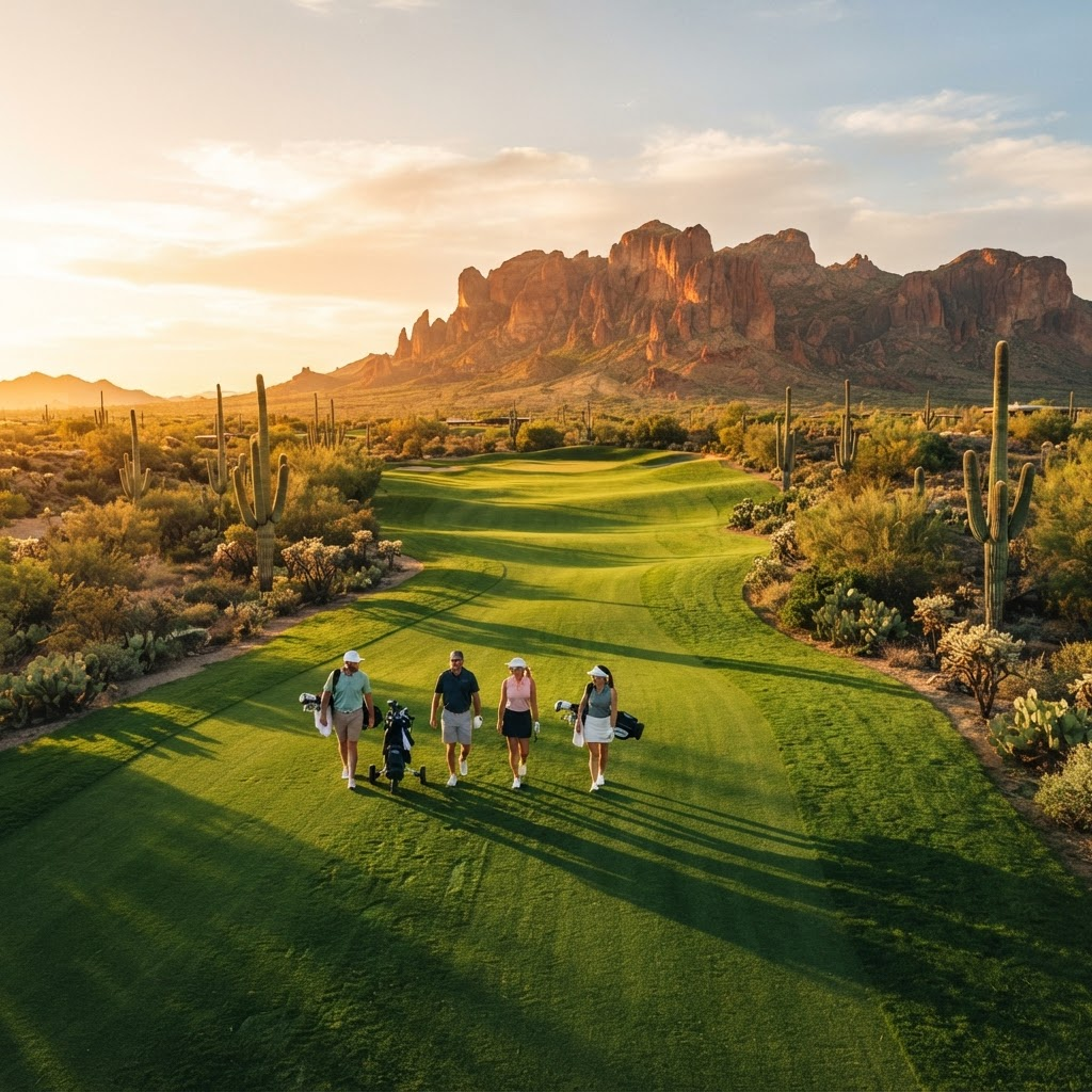Golfers walking a desert fairway at golden hour